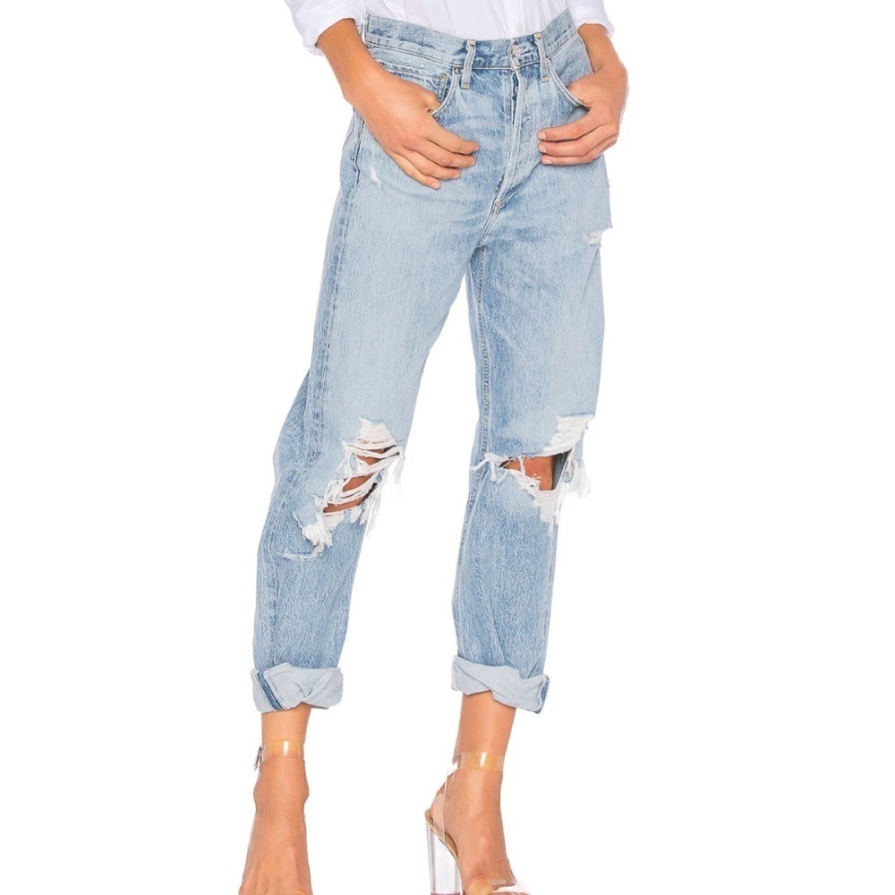 AGOLDE 90’s HIGH RISE LOOSE FIT IN FALL OUT IN DESTROYED DENIM BO’S JEANS 28